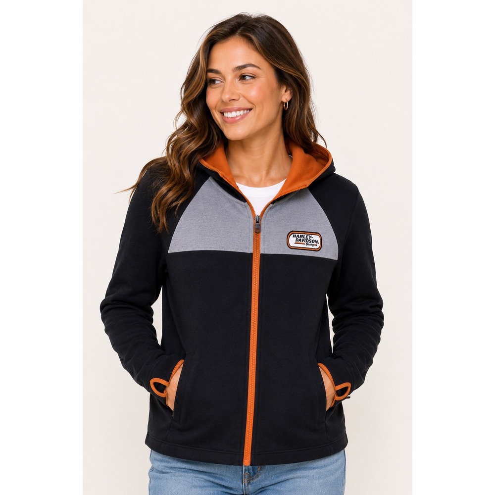 Harley-Davidson Women Small Black Orange Colorblock Zip Up Hoodie Thumbholes S